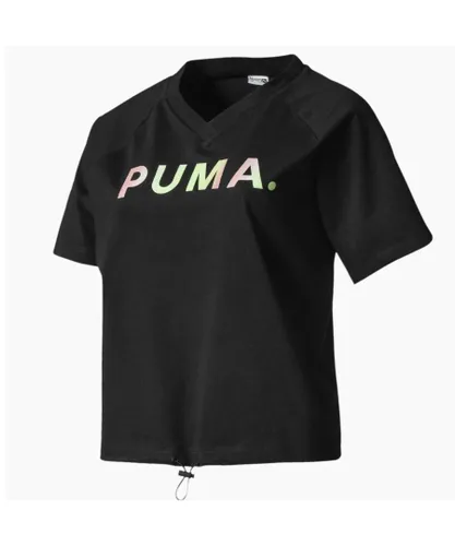 Puma V Neck Womens Tee Graphic Branded T-Shirt Black 595221 01