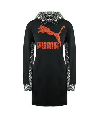 Puma Womens x Mr. Doodle Long Sleeve Pullover Black Women Hooded Jumper Dress 598686 01 Cotton