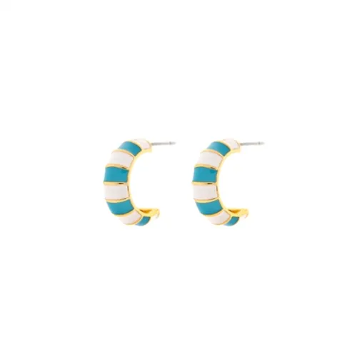 Pura Vida Striped Enamel Gold Hoop Earrings - Blue & White - O/S
