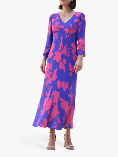 Pure Collection  Shirred Sleeve V Neck Floral Midi Dress, Blue/Pink - Blue/Pink - Female