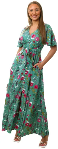 Qed Mint Floral Pattern Print Button Maxi Dress