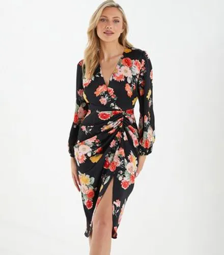 QUIZ Black Floral Ruched Midi Wrap Dress New Look