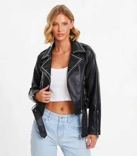 QUIZ Black Leather-Look Biker Jacket New Look