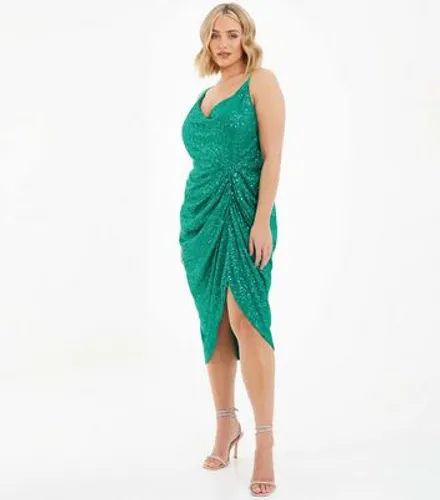 QUIZ Curves Green Sequin Strappy Ruched Mini Dress New Look