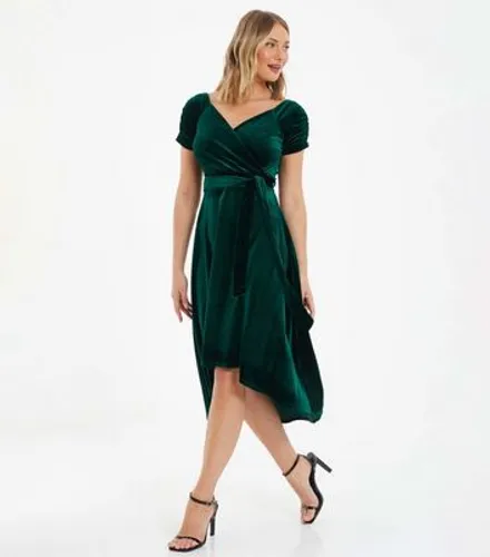QUIZ Dark Green Velvet Belted Dip Hem Midi Dress New Look