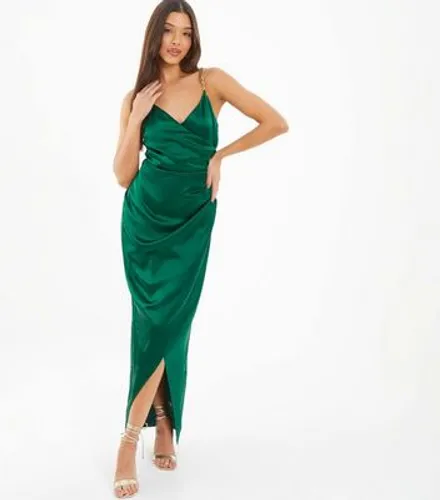 QUIZ Green Satin Strappy Ruched Maxi Dress New Look