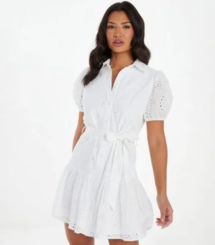 QUIZ White Broderie Puff Sleeve Mini Shirt Dress New Look