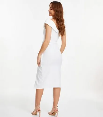 QUIZ White Floral Jacquard Bardot Midi Dress New Look