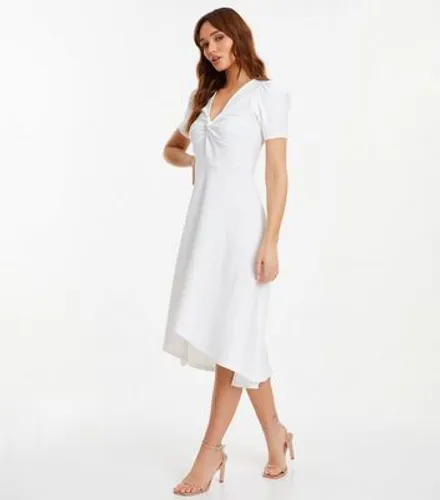 QUIZ White Floral Jacquard Twist Front Midi Dress New Look