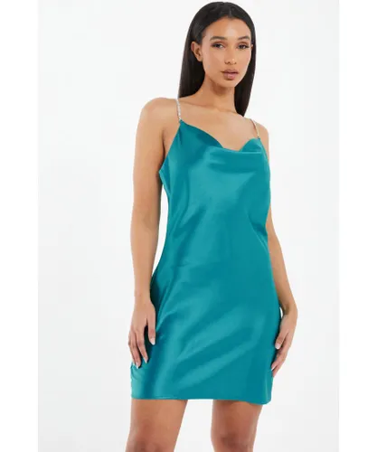 Quiz Womens Aqua Blue Diamante Satin Mini Dress