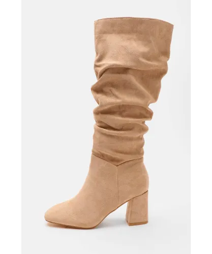 Quiz Womens Beige Faux Suede Ruched Heeled Boots - Nude