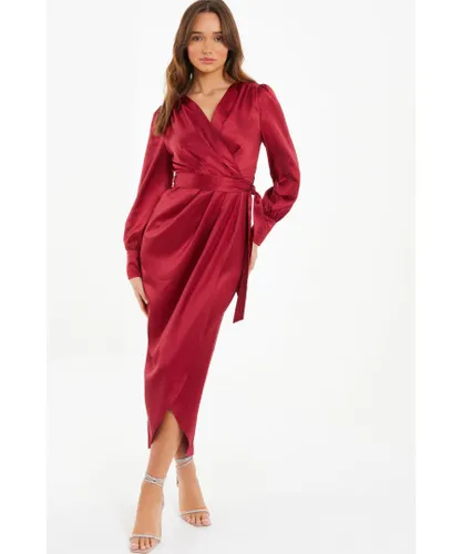 Quiz Womens Berry Satin Long Sleeve Wrap Midaxi Dress