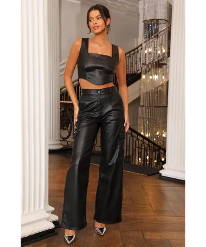 Quiz Womens Black Faux Leather Cargo Trousers