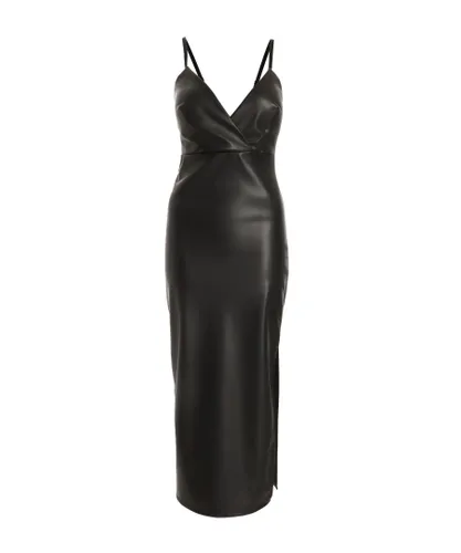 Quiz Womens Black Faux Leather Wrap Midi Dress Viscose