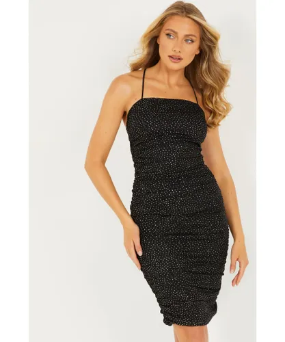 Quiz Womens Black Glitter Mesh Ruched Dress