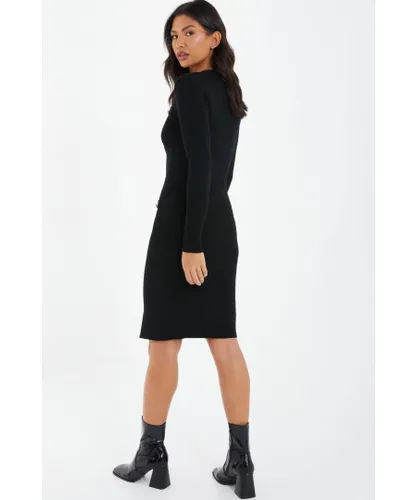 Quiz Womens Black Knitted Button Midi Dress