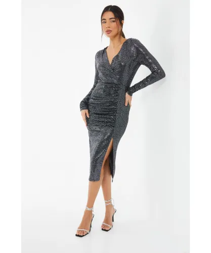 Quiz Womens Black Sequin Wrap Midi Dress - Grey