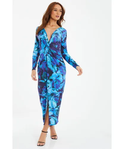 Quiz Womens Blue Floral Ruched Maxi Dress