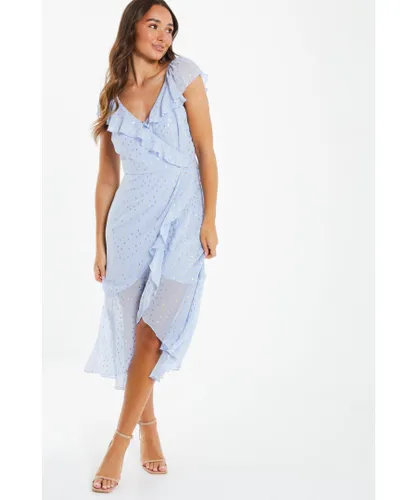 Quiz Womens Blue Foil Polka Dot Wrap Midi Dress