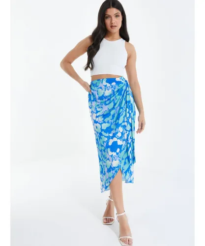 Quiz Womens Blue Leopard Print Satin Wrap Midi Skirt