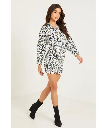 Quiz Womens Blue Leopard Print Shirt Dress