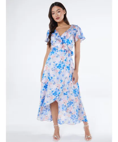 Quiz Womens Blue Satin Floral Wrap Midaxi Dress