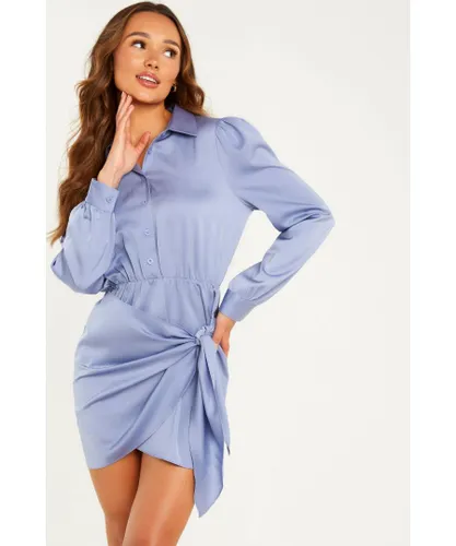 Quiz Womens Blue Satin Wrap Shirt Dress