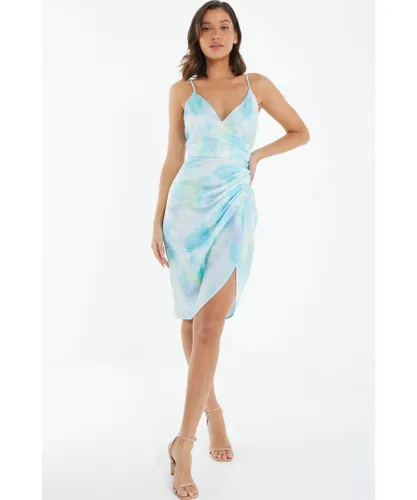 Quiz Womens Blue Smudge Satin Wrap Midi Dress
