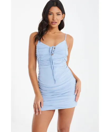 Quiz Womens Blue Tie Front Ruched Bodycon Mini Dress