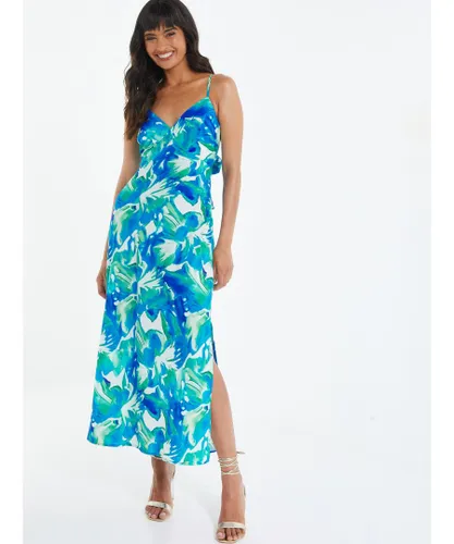 Quiz Womens Blue Tropical Print Satin Midaxi Dress