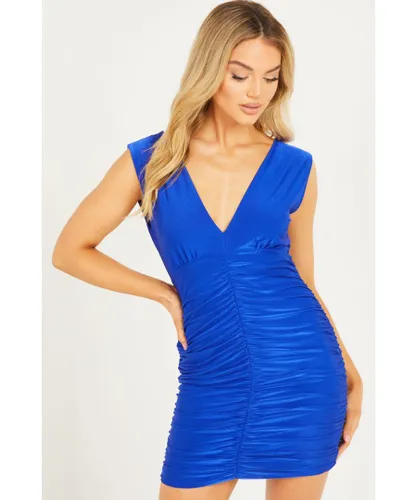 Quiz Womens Blue V Neck Ruched Mini Dress