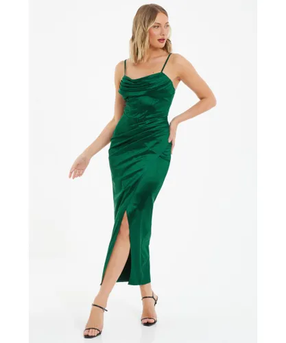 Quiz Womens Bottle Green Corset Split Hem Maxi Dress Satin