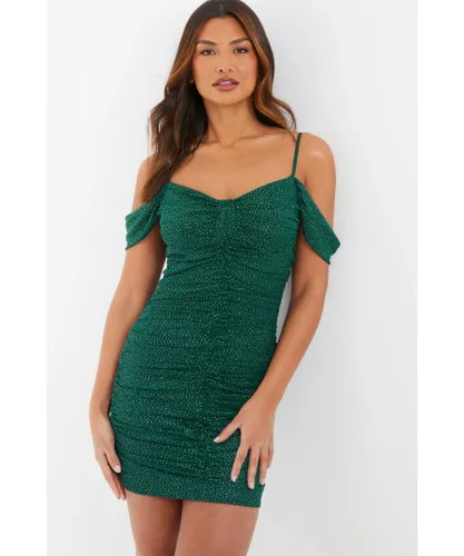 Quiz Womens Bottle Green Glitter Ruched Bardot Mini Dress