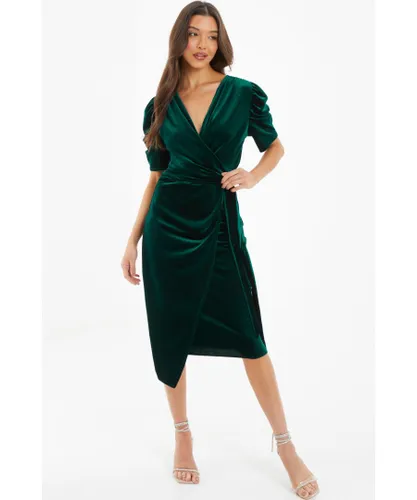 Quiz Womens Bottle Green Velvet Wrap Midi Dress