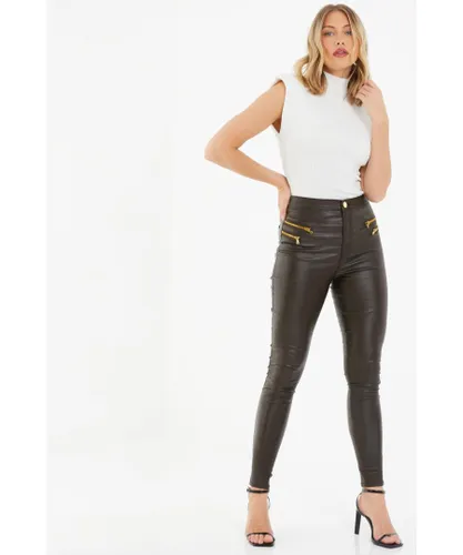 Quiz Womens Brown Faux Leather Zip Skinny Trousers