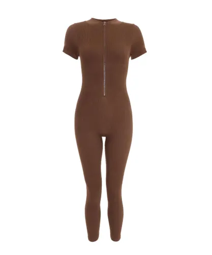 Quiz Womens Brown Seamless Zip Jumpsuit Nylon
