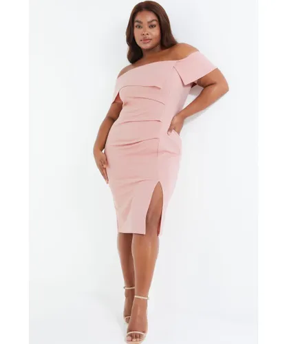 Quiz Womens Curve Pink Ruched Bardot Midi Dress