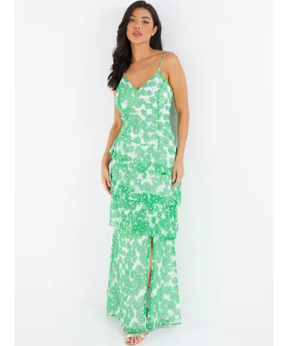 Quiz Womens Green Chiffon Floral Tiered Maxi Dress