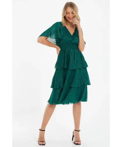 Quiz Womens Green Glitter Chiffon Tiered Midi Dress