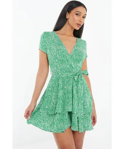 Quiz Womens Green Polka Dot Wrap Mini Dress