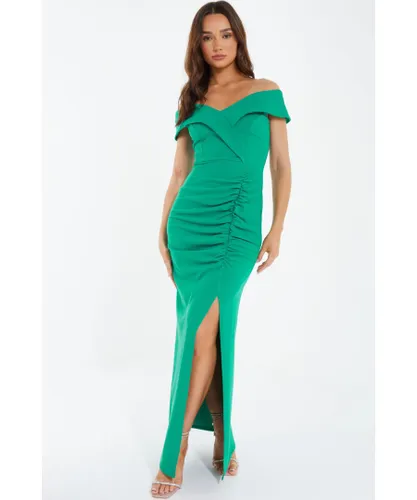 Quiz Womens Green Ruched Bardot Maxi Dress