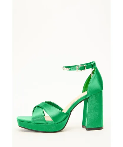 Quiz Womens Green Satin Jewel Platform Heeled Sandals