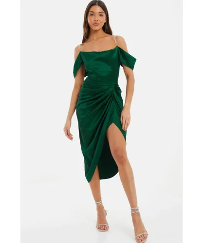 Quiz Womens Green Satin Ruched Cold Shoulder Midi Dress