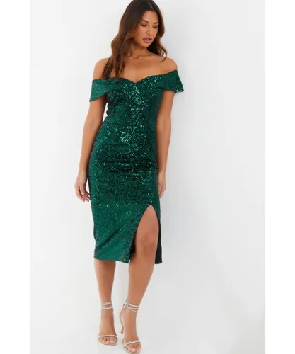 Quiz Womens Green Sequin Bardot Split Midi Dress