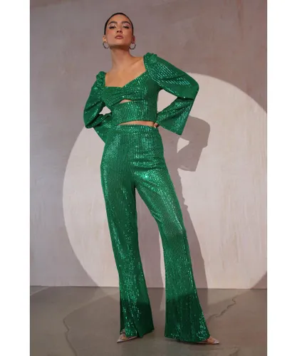 Quiz Womens Green Sequin Palazzo Trousers