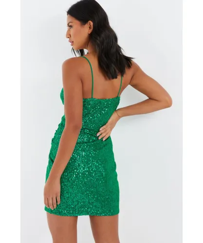 Quiz Womens Green Sequin Wrap Mini Dress