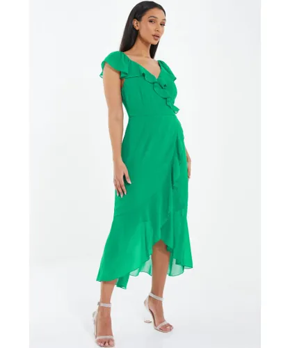 Quiz Womens Green Wrap Frill Midi Dress