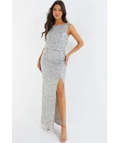 Quiz Womens Grey Embellished Split Leg Maxi Dress