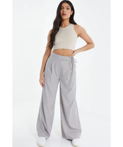 Quiz Womens Grey High Waisted Wide Leg Trousers Cotton
