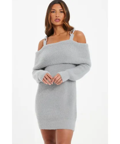 Quiz Womens Grey Knitted Cold Shoulder Jumper Dress